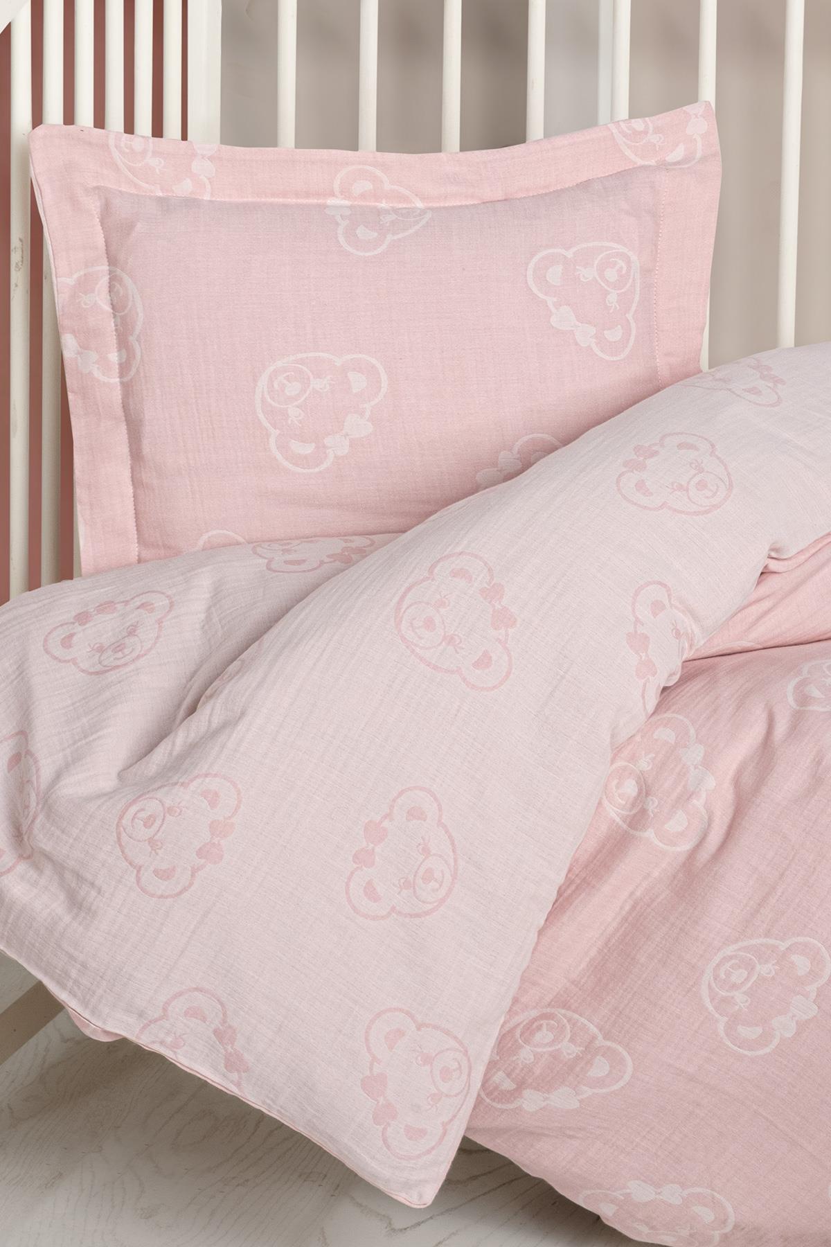 Baby Jacquard Muslin Duvet Cover Set - Bear Pink