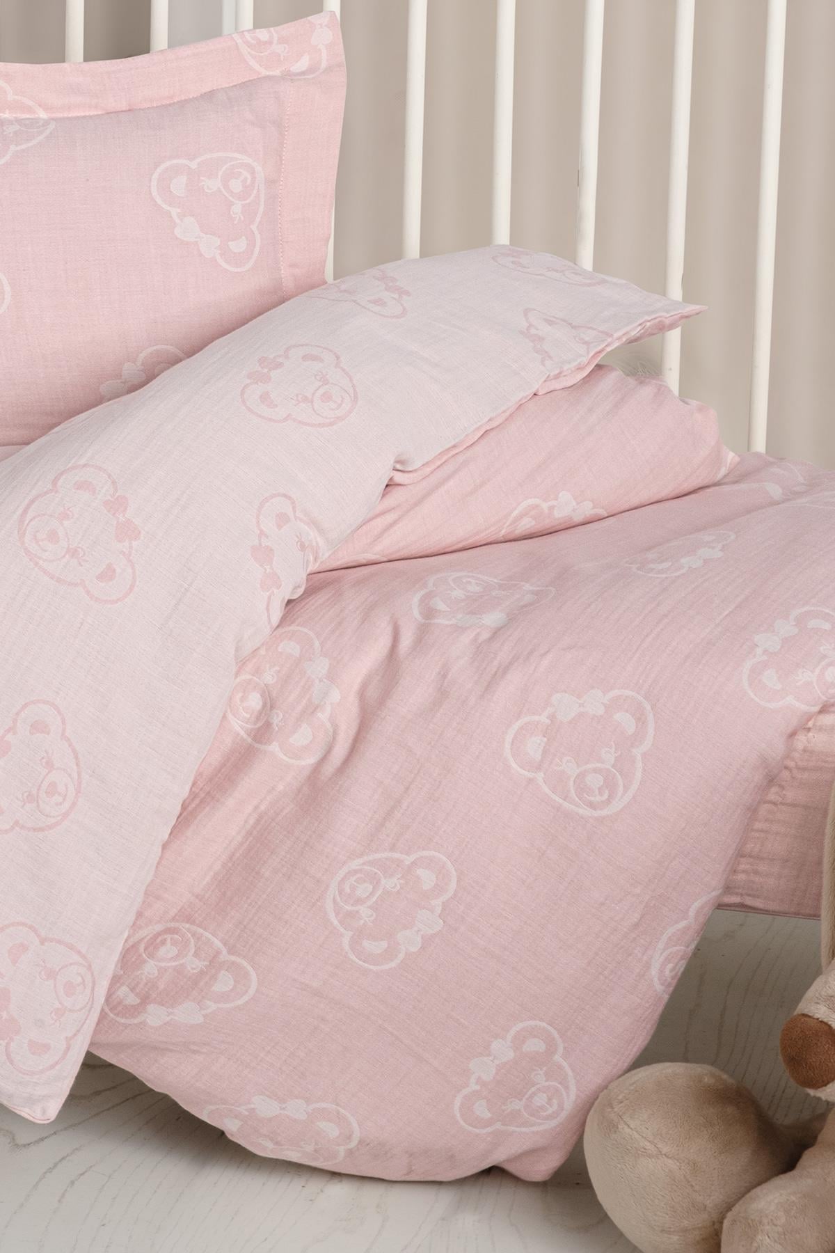 Baby Jacquard Muslin Duvet Cover Set - Bear Pink