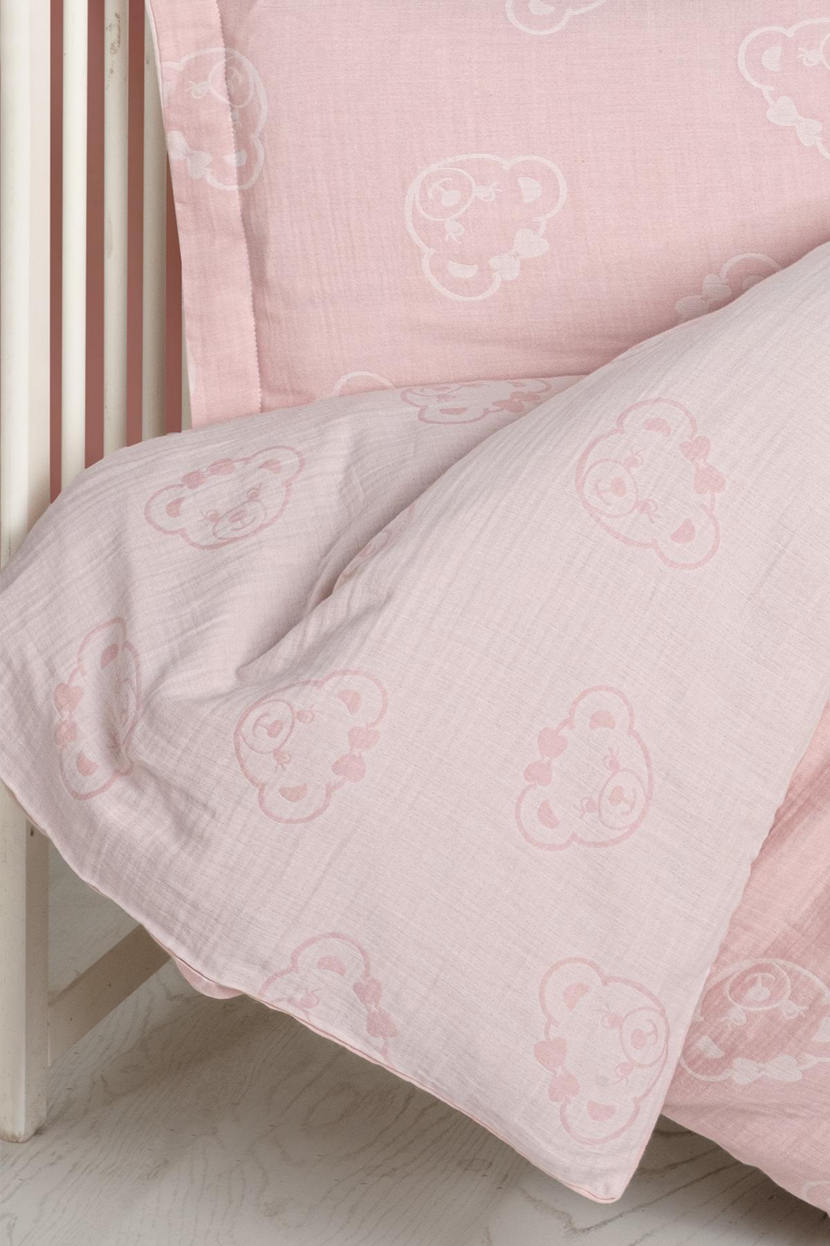 Baby Jacquard Muslin Duvet Cover Set - Bear Pink