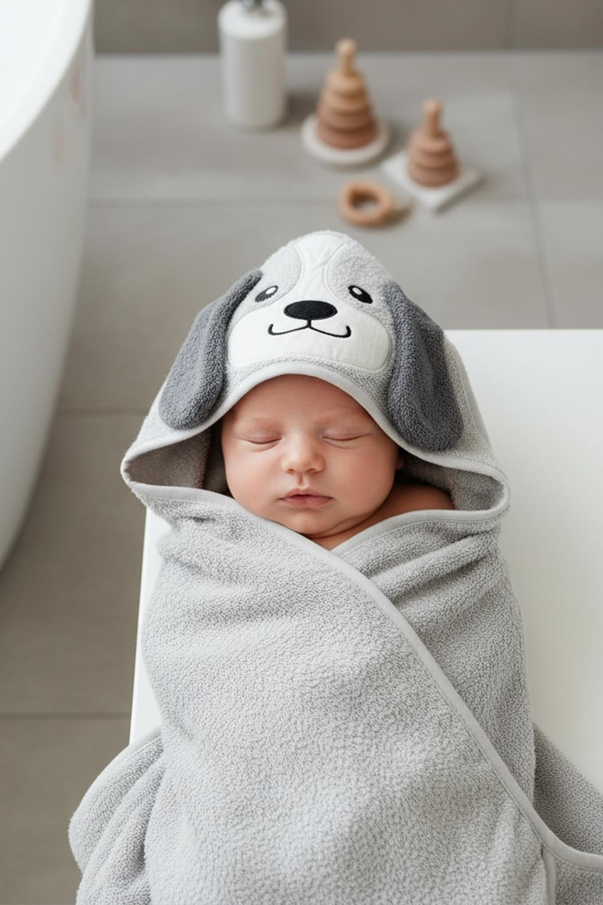 Baby Hooded Towel 100% Cotton Embroidered 75×75 cm - Dog Grey