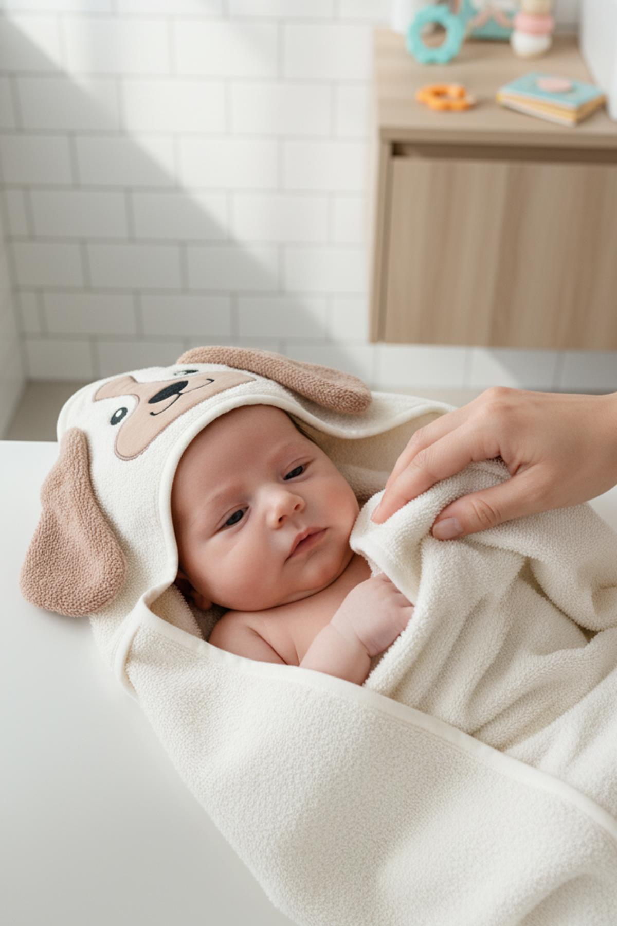 Bebek Kundak Havlu %100 Pamuk Nakışlı 75x75cm - Dog Krem