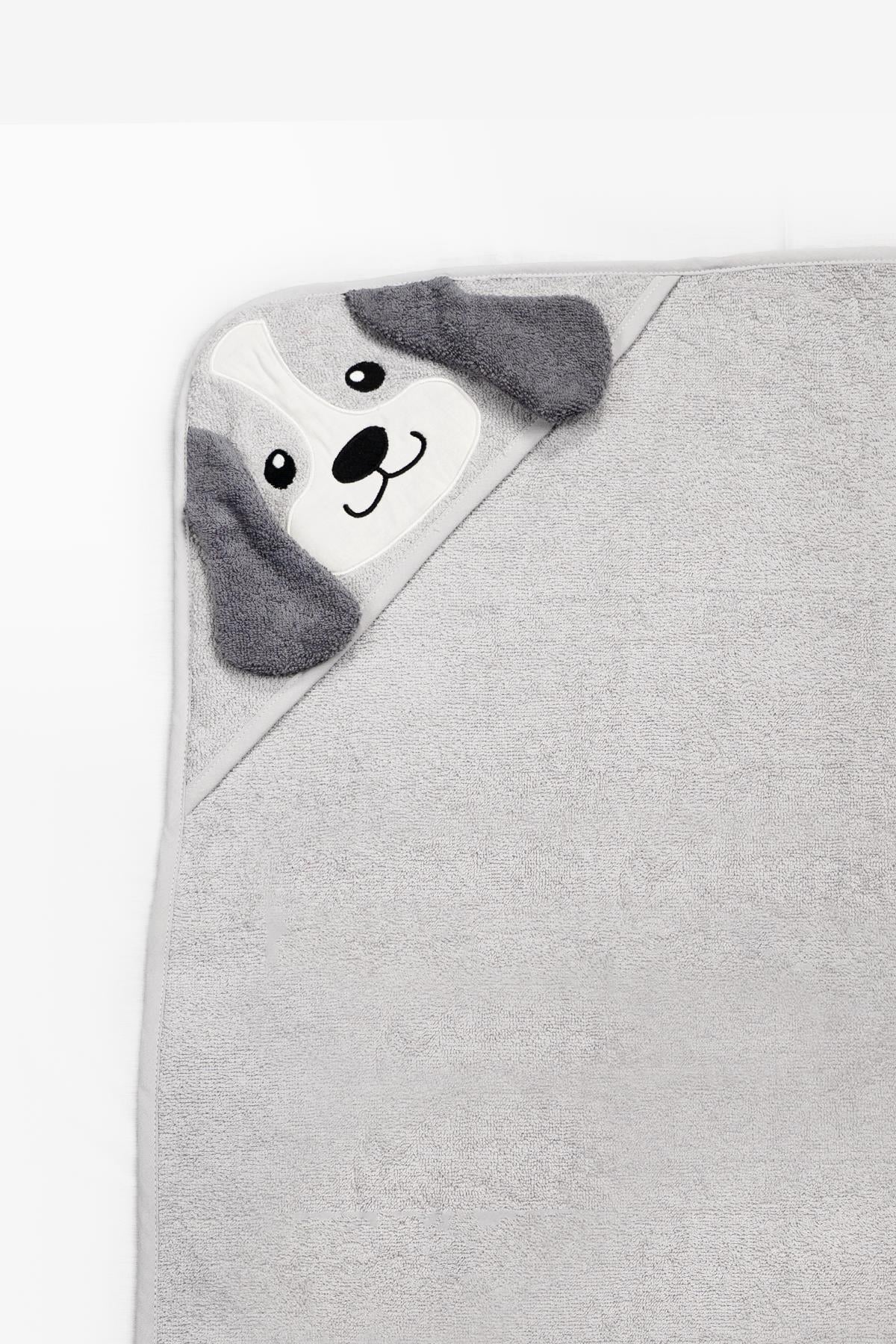 Baby Hooded Towel 100% Cotton Embroidered 75×75 cm - Dog Grey