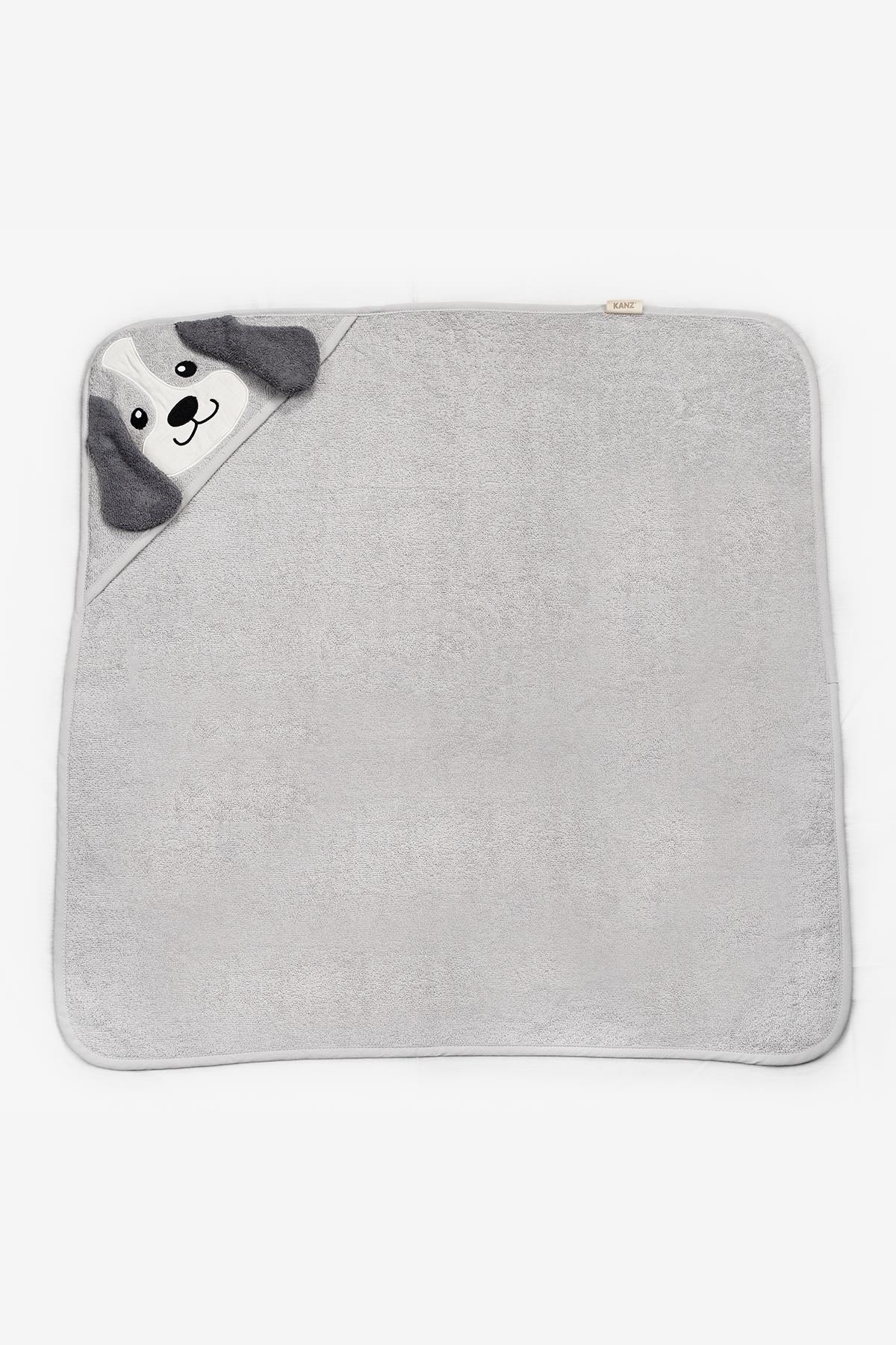 Baby Hooded Towel 100% Cotton Embroidered 75×75 cm - Dog Grey