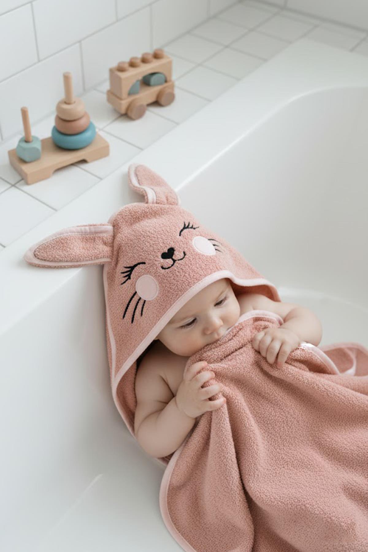 Bebek Kundak Havlu %100 Pamuk Nakışlı 75x75cm - Bunny Koyu Pudra