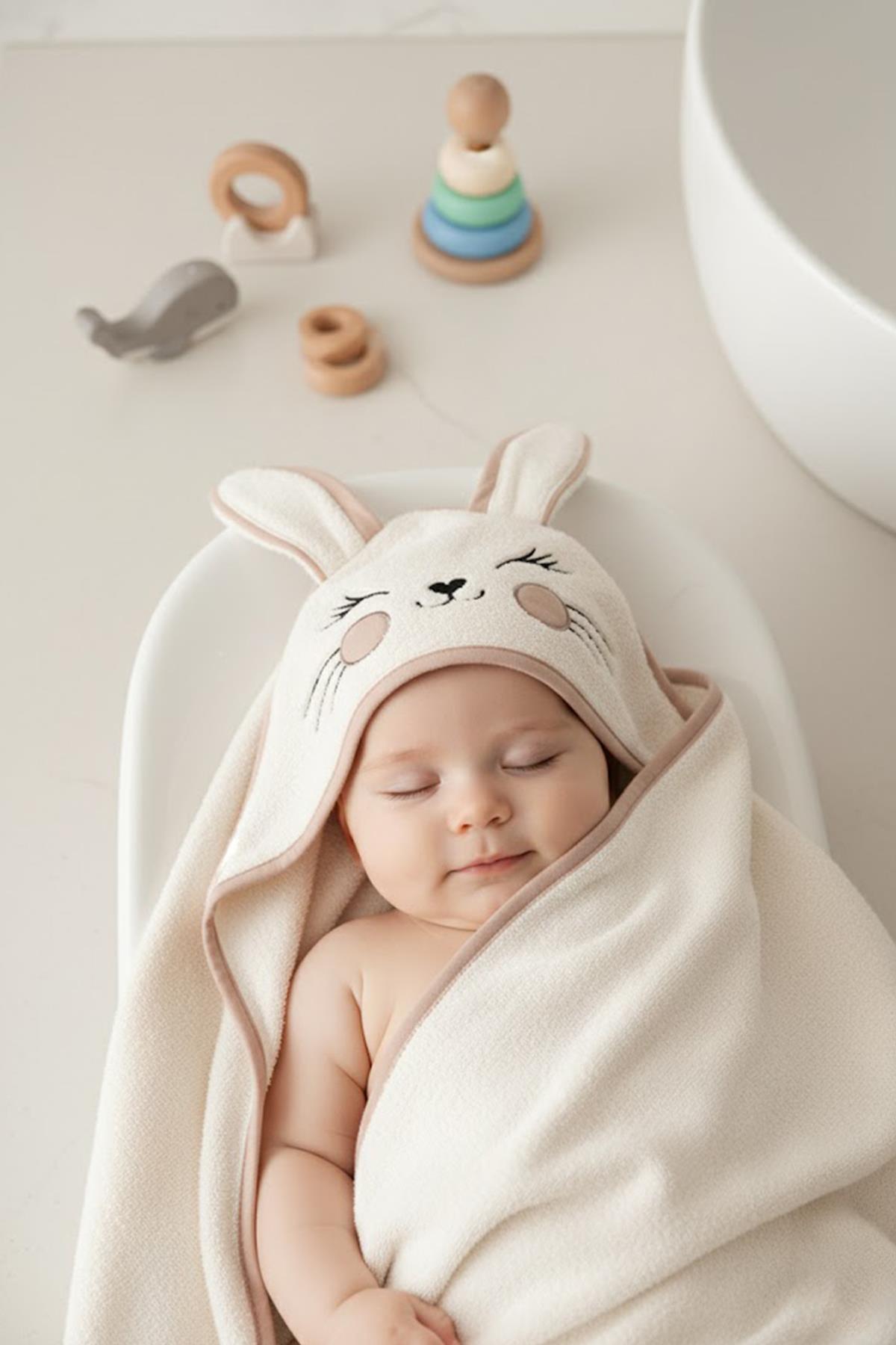 Bebek Kundak Havlu %100 Pamuk Nakışlı 75x75cm - Bunny Krem