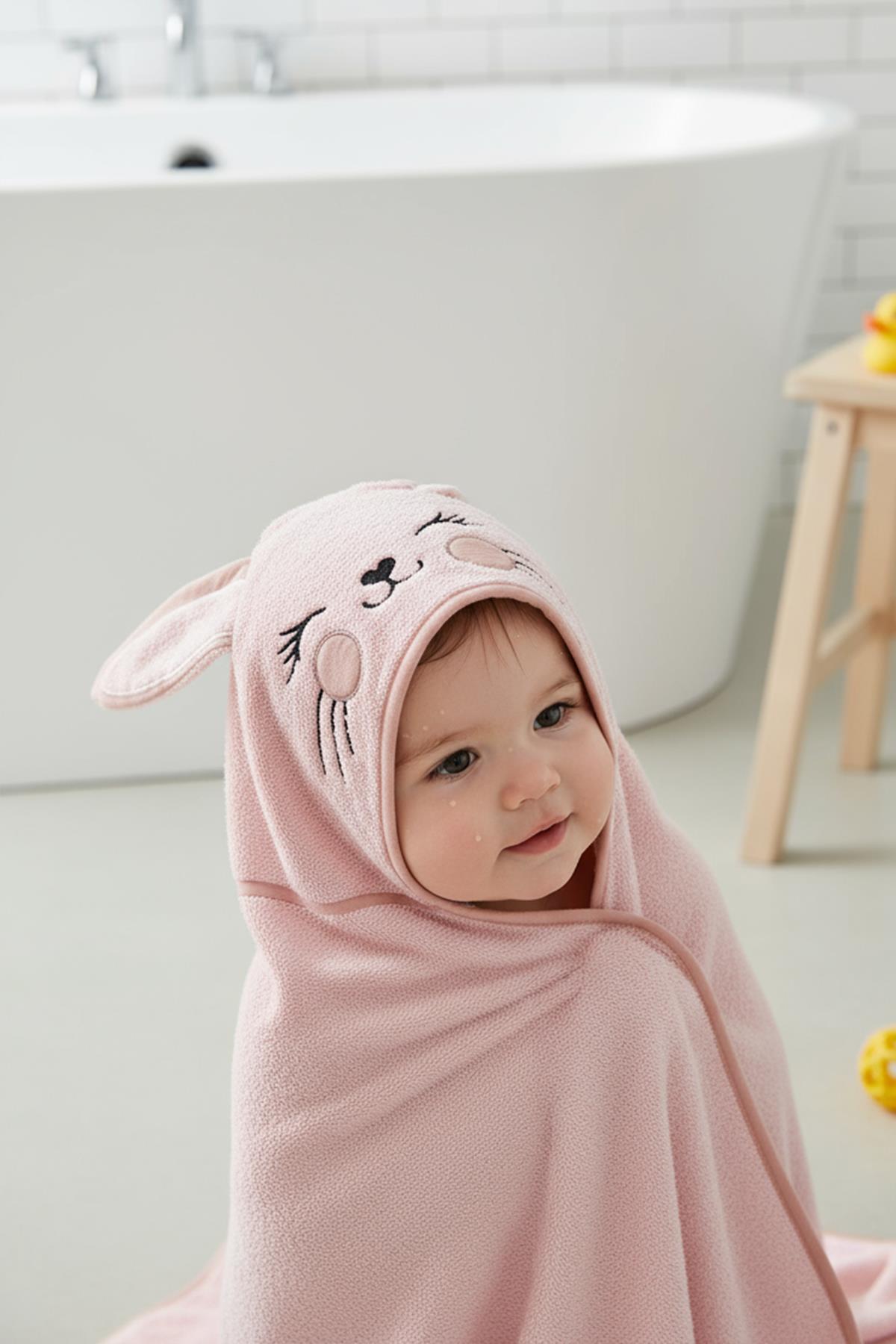 Bebek Kundak Havlu %100 Pamuk Nakışlı 75x75cm - Bunny Açık Pudra