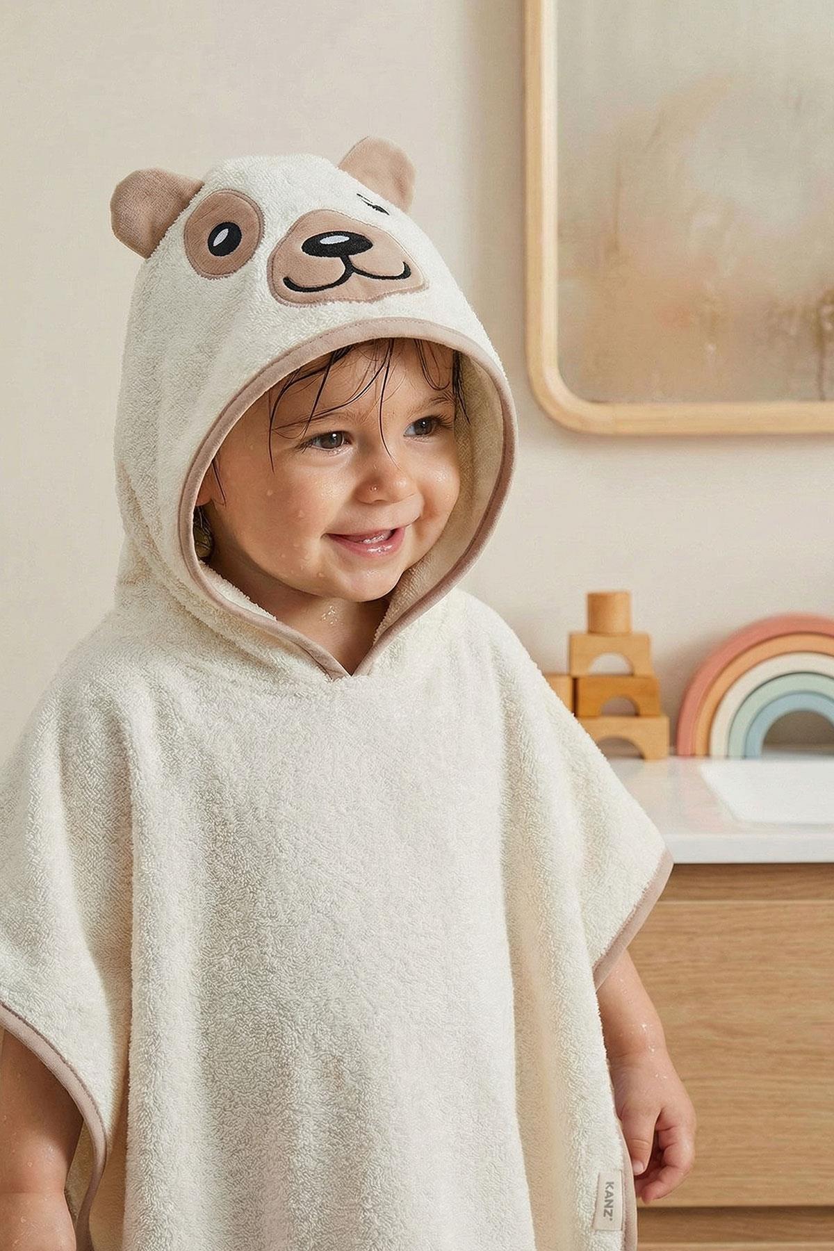 Bebek Panço Banyo ve Plaj Havlusu %100 Pamuk Kapüşonlu Nakışlı Figürlü - Bear Krem