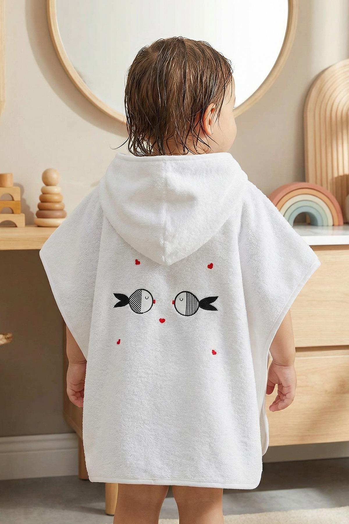 Bebek Panço Banyo ve Plaj Havlusu %100 Pamuk Kapüşonlu Nakışlı Figürlü - Fish