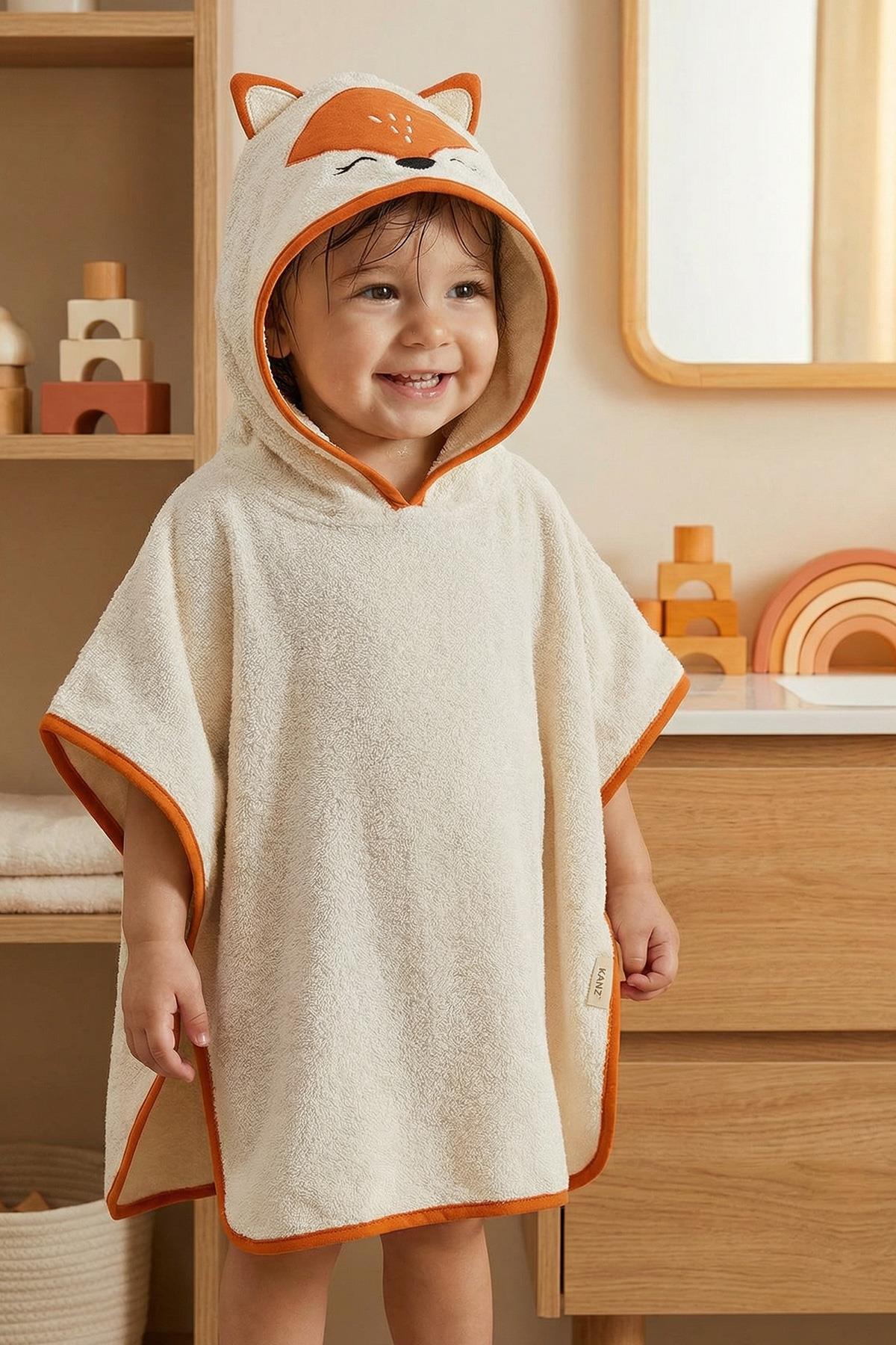 Bebek Panço Banyo ve Plaj Havlusu %100 Pamuk Kapüşonlu Nakışlı Figürlü - Fox Kiremit