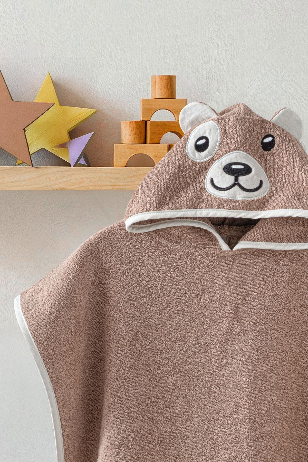 Bebek Panço Banyo ve Plaj Havlusu %100 Pamuk Kapüşonlu Nakışlı Figürlü - Bear K.Bej