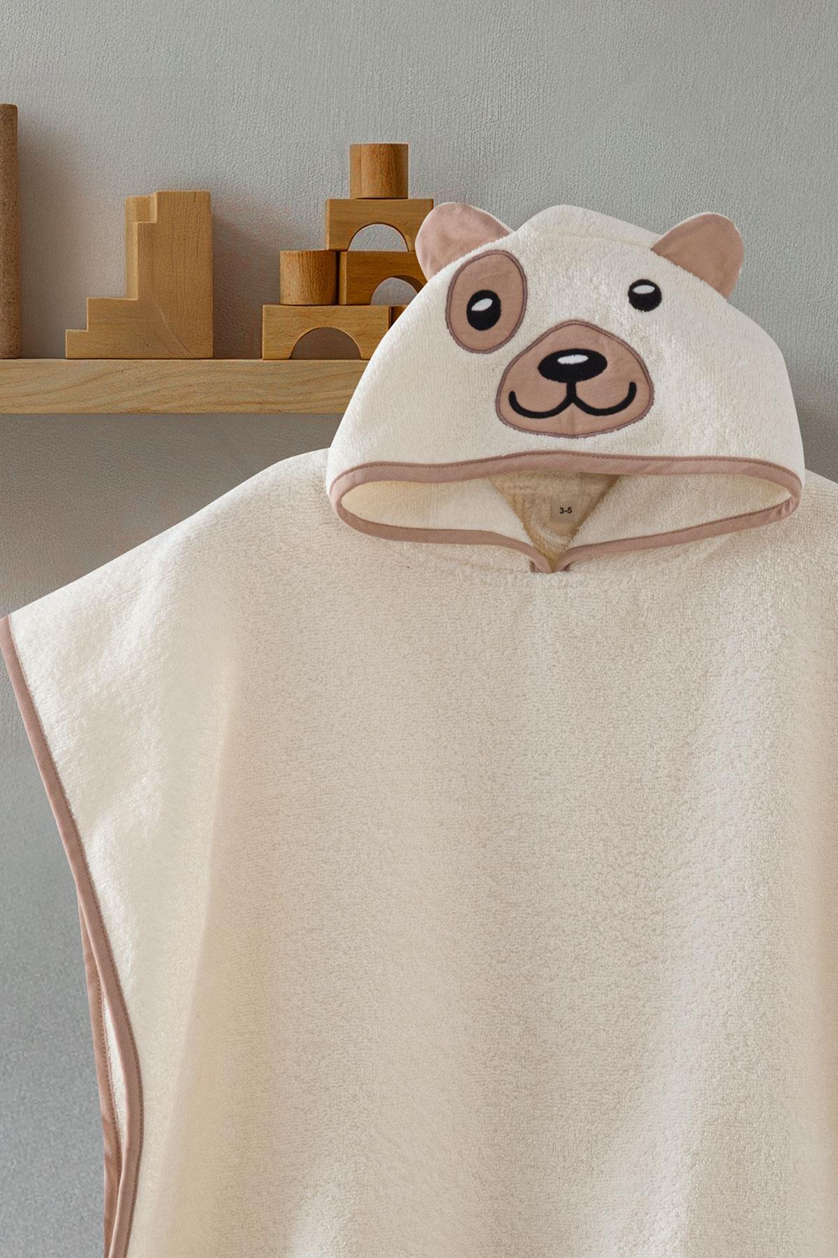 Bebek Panço Banyo ve Plaj Havlusu %100 Pamuk Kapüşonlu Nakışlı Figürlü - Bear Krem