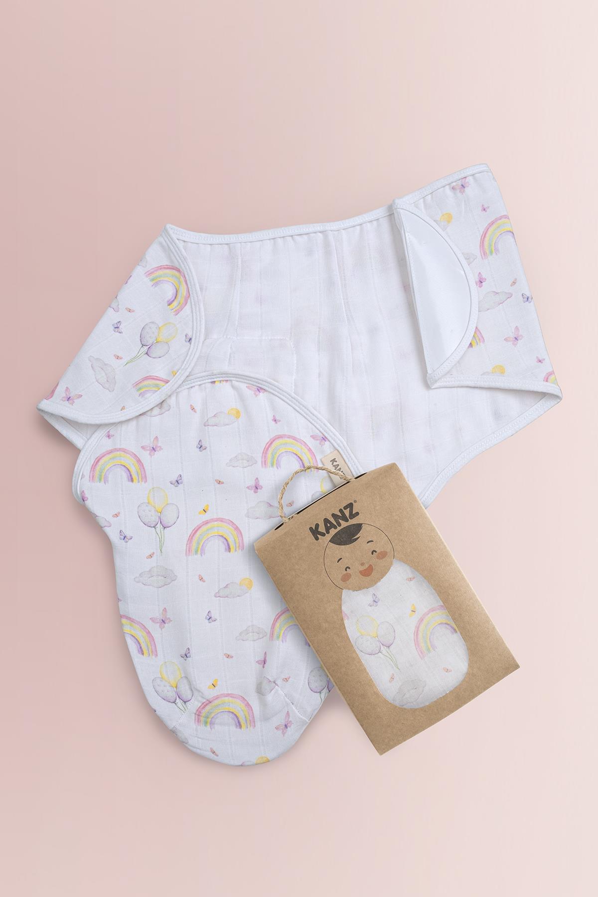 Yenidoğan %100 Pamuk Müslin Hazır Kundak Cırtlı - Soft Rainbow