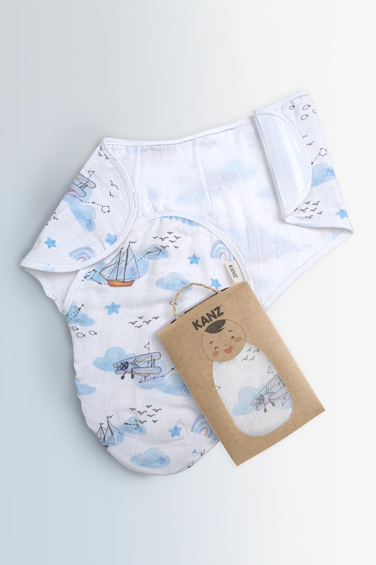 Newborn 100% Cotton Muslin Ready Swaddle with Velcro - Boat
