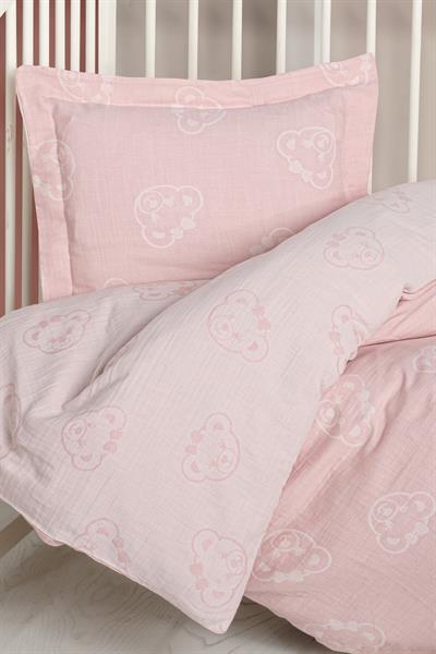 Bebek Jakarlı Müslin Nevresim Takımı - Bear Pembe