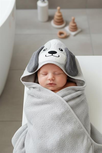 Bebek Kundak Havlu %100 Pamuk Nakışlı 75x75cm - Dog Gri