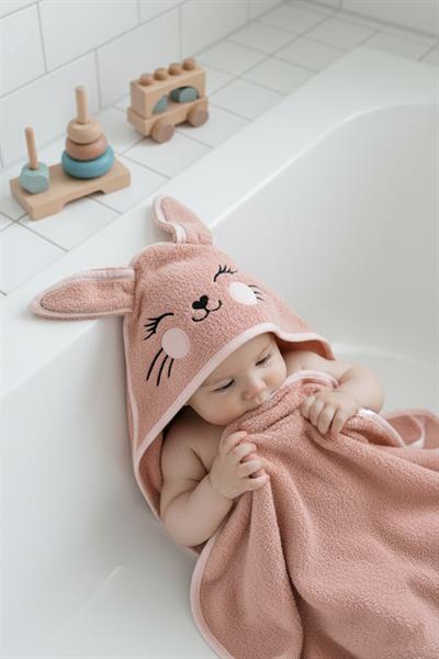Bebek Kundak Havlu %100 Pamuk Nakışlı 75x75cm - Bunny Koyu Pudra