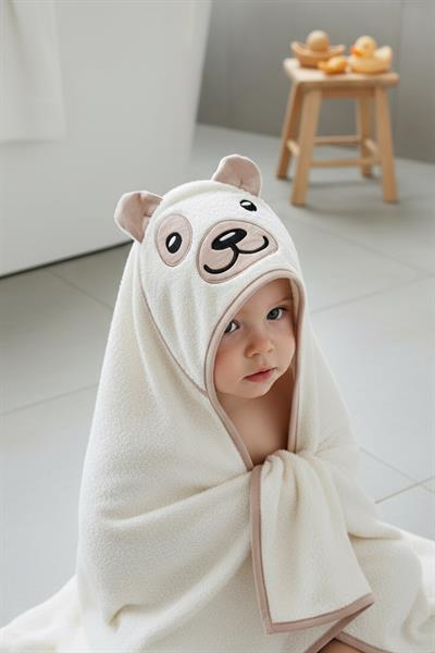 Bebek Kundak Havlu %100 Pamuk Nakışlı 75x75cm - Bear Krem