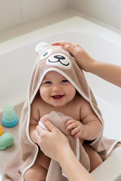 Bebek Kundak Havlu %100 Pamuk Nakışlı 75x75cm - Bear Koyu Bej