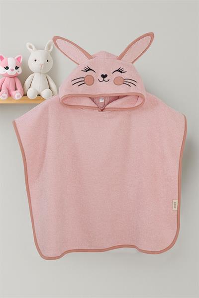 Bebek Panço Banyo ve Plaj Havlusu %100 Pamuk Kapüşonlu Nakışlı Figürlü - Bunny A.Pudra
