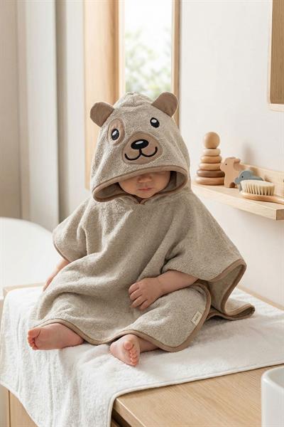 Bebek Panço Banyo ve Plaj Havlusu %100 Pamuk Kapüşonlu Nakışlı Figürlü - Bear Taş