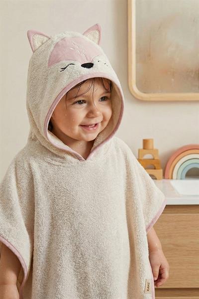 Bebek Panço Banyo ve Plaj Havlusu %100 Pamuk Kapüşonlu Nakışlı Figürlü - Fox Pudra