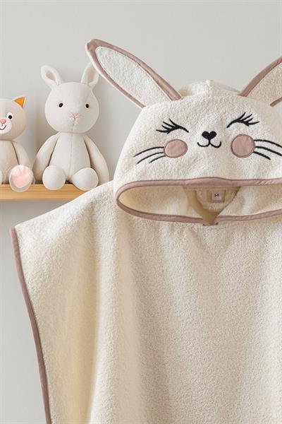 Bebek Panço Banyo ve Plaj Havlusu %100 Pamuk Kapüşonlu Nakışlı Figürlü - Bunny Krem