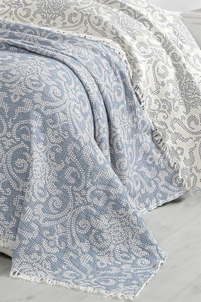 Çift Kişilik Jakarlı 3 Kat Müslin Yatak Örtüsü - Damask Indigo