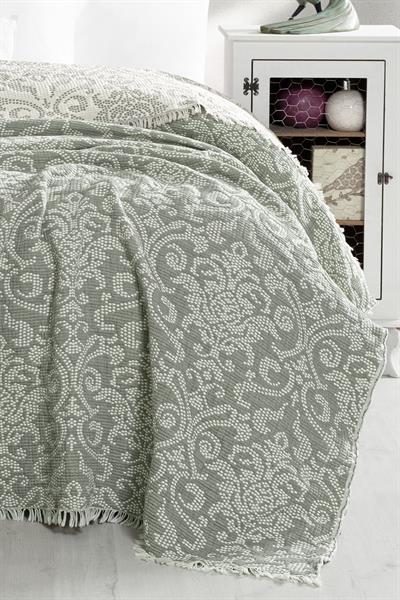 Çift Kişilik Jakarlı 3 Kat Müslin Yatak Örtüsü - Damask Haki