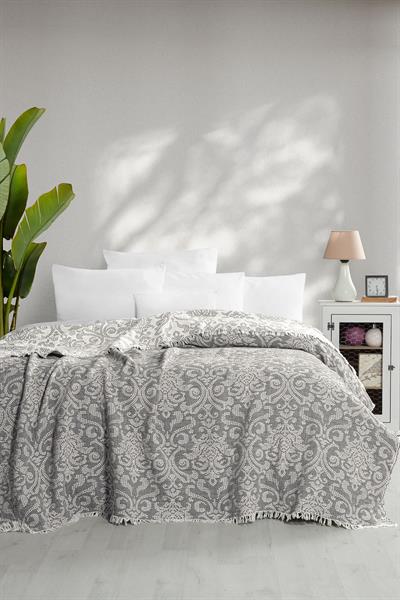 Çift Kişilik Jakarlı 3 Kat Müslin Yatak Örtüsü - Damask Gri
