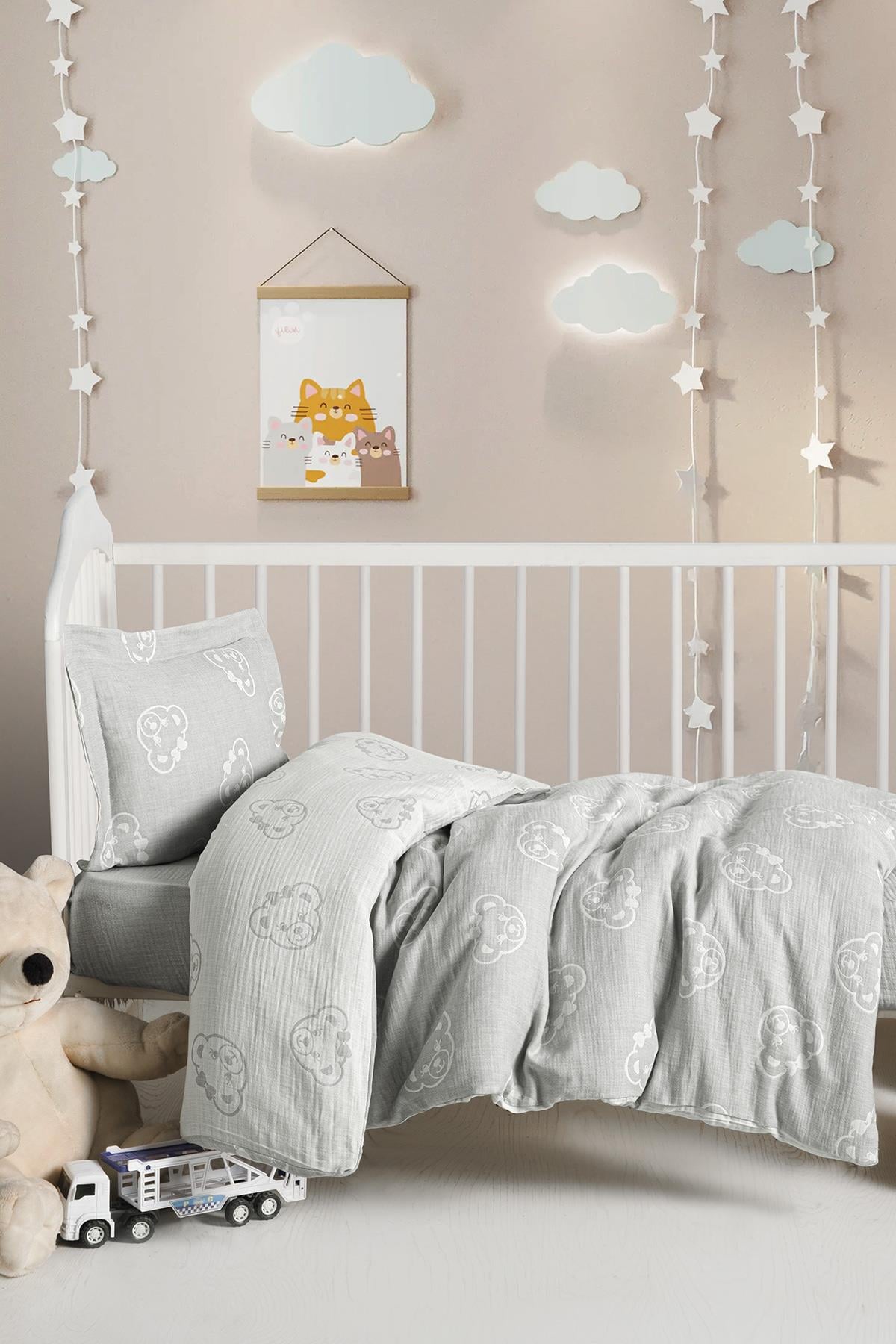 Baby Jacquard Muslin Duvet Cover Set - Bear Grey