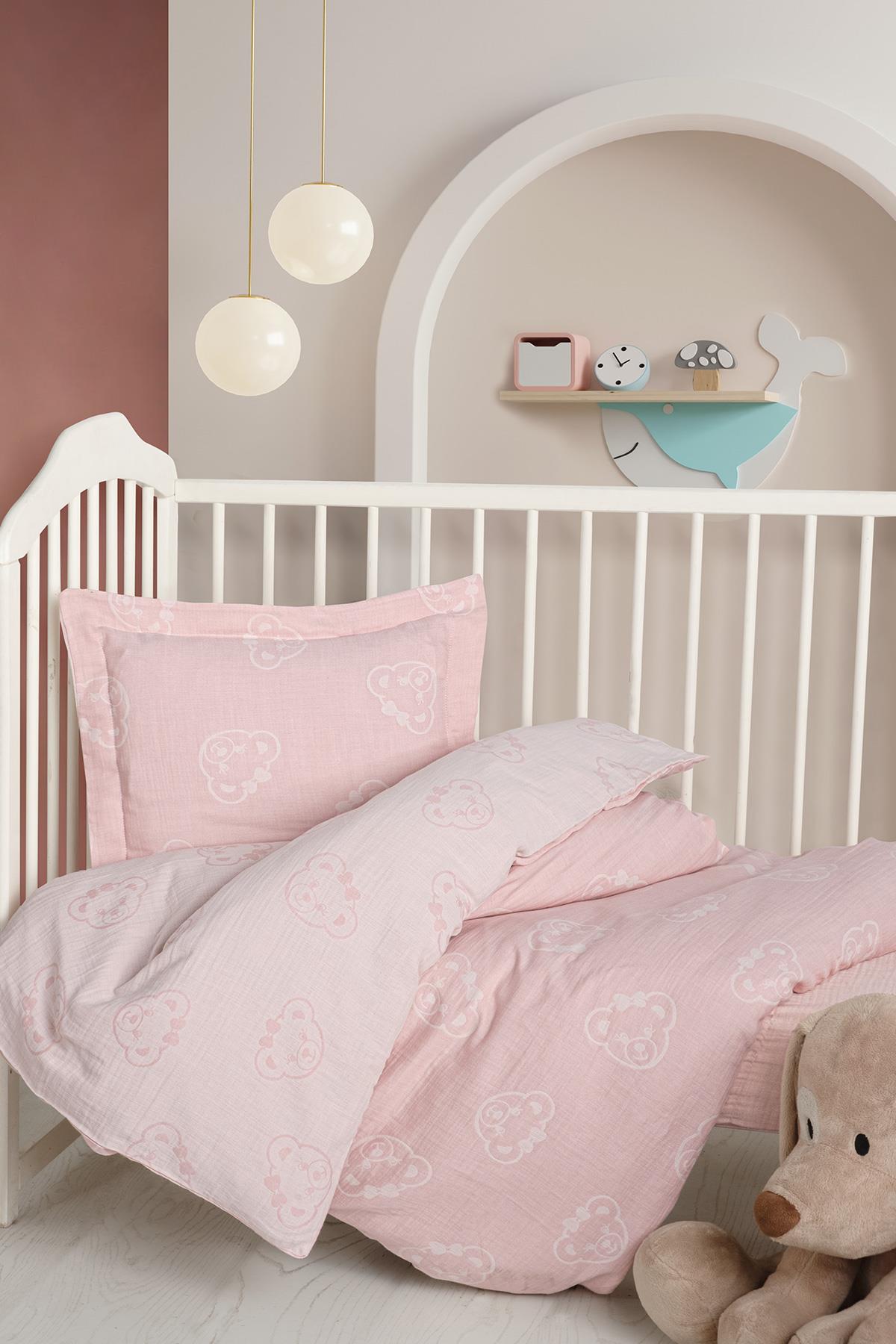Baby Jacquard Muslin Duvet Cover Set - Bear Pink