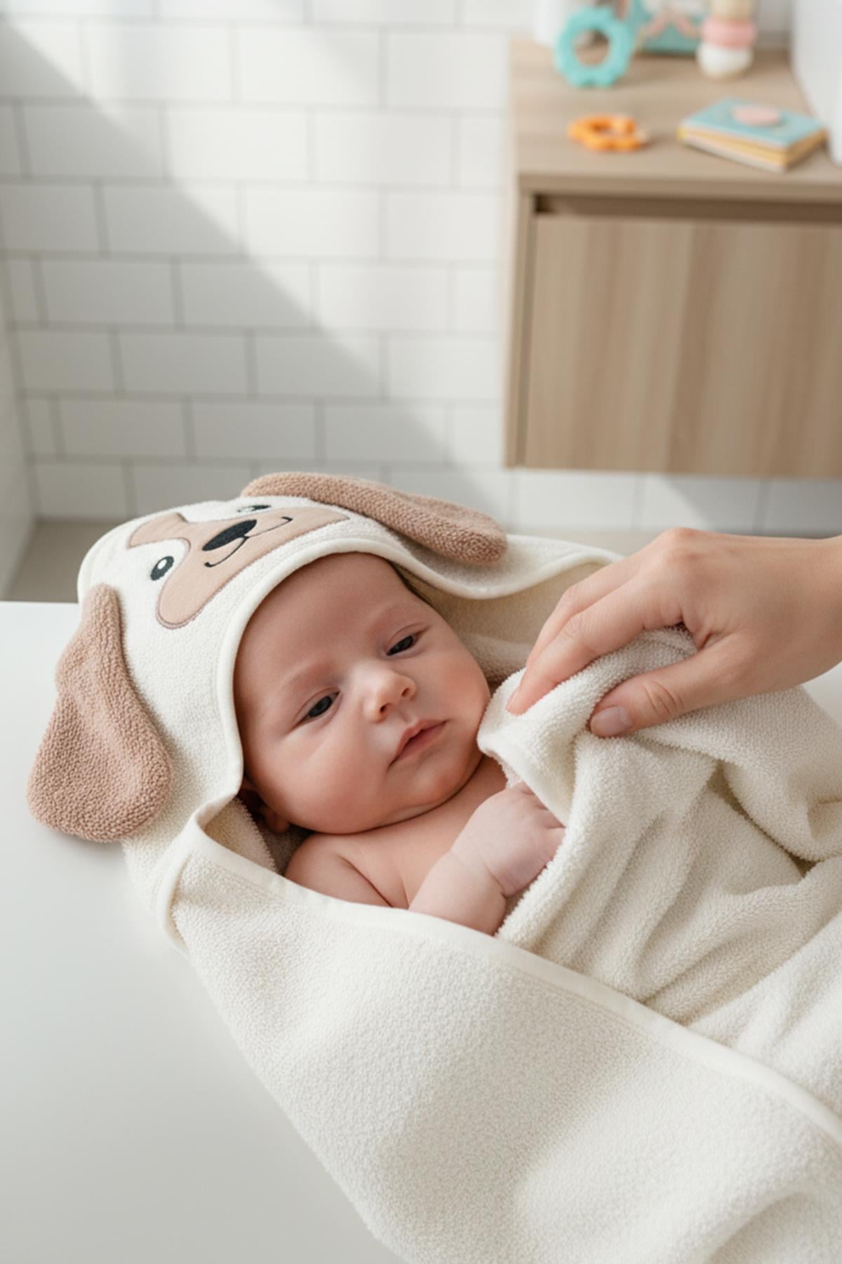 Bebek Kundak Havlu %100 Pamuk Nakışlı 75x75cm - Dog Krem