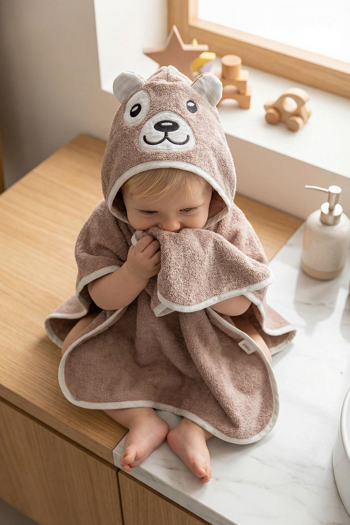 Bebek Panço Banyo ve Plaj Havlusu %100 Pamuk Kapüşonlu Nakışlı Figürlü - Bear K.Bej