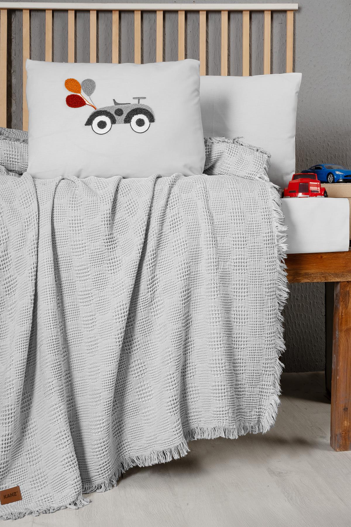 Waffle Baby Embroidered Muslin Coverlet Set - Bubble Grey