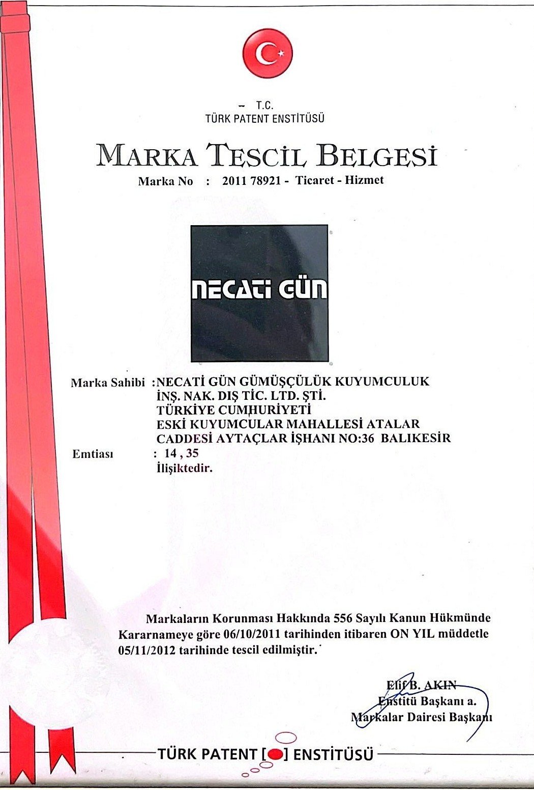 Necati Gün Gümüş 925 Ayar Sertifikası