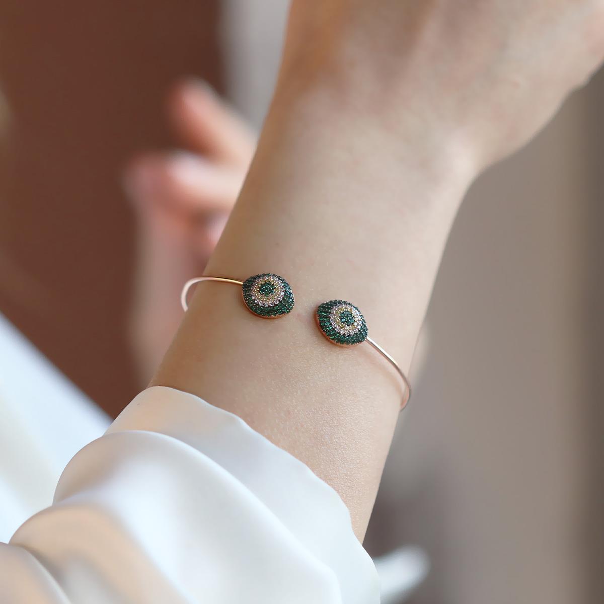 2li Nazar Yeşil Taşlı Rose Gold Kaplama Gümüş Kelepçe