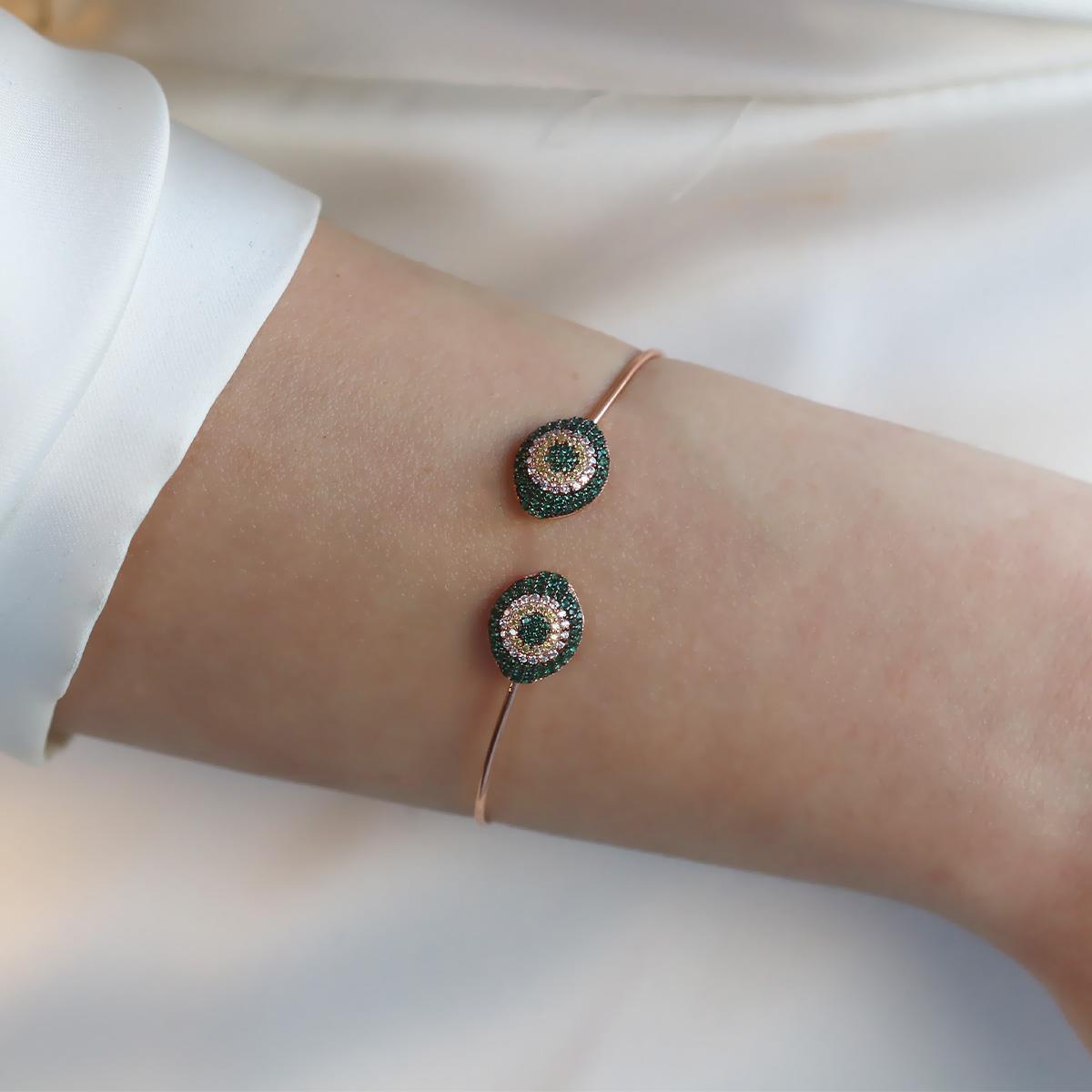 2li Nazar Yeşil Taşlı Rose Gold Kaplama Gümüş Kelepçe