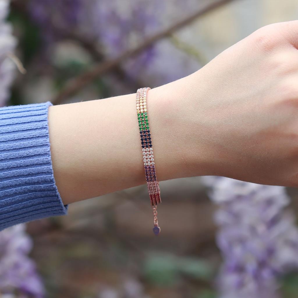 3 Sıra Renkli Zirkon Taşlı İnce Rose Gold Kaplama Su Yolu Gümüş Bileklik