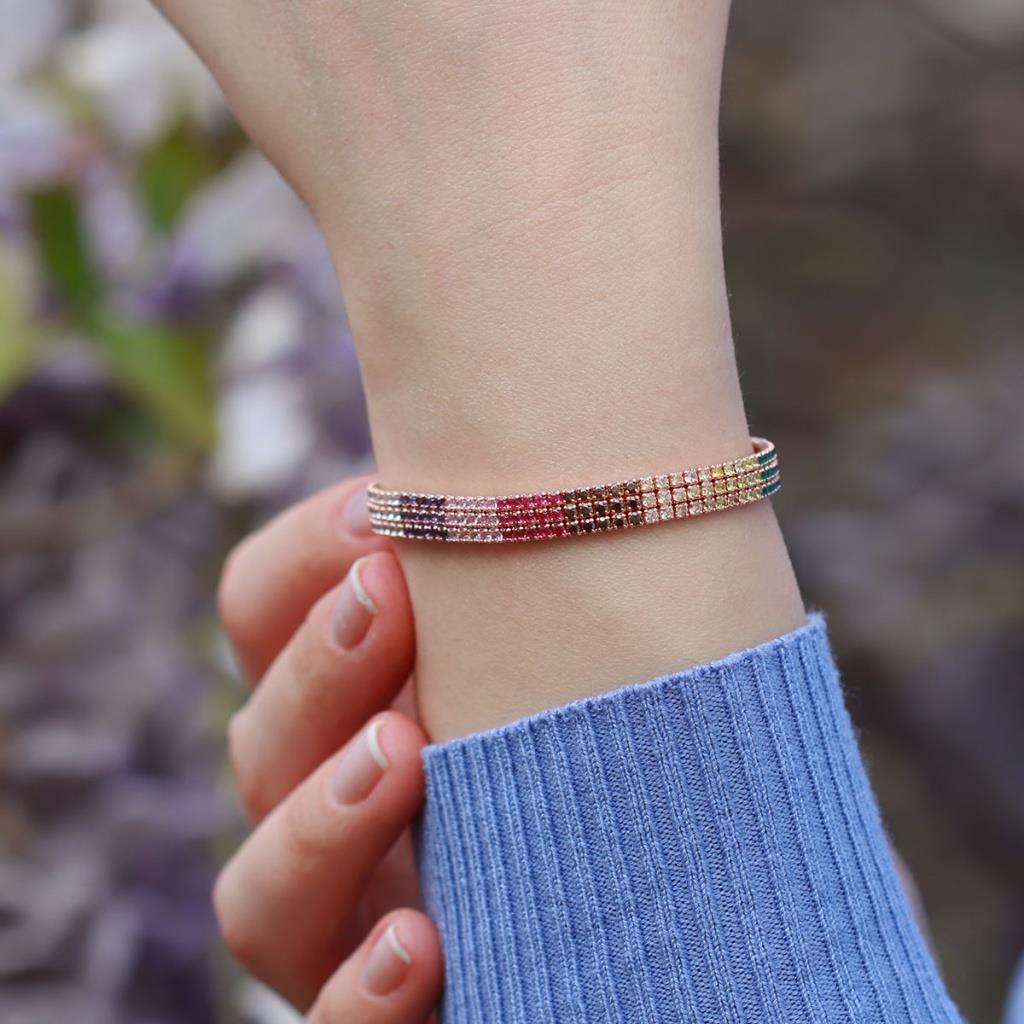 3 Sıra Renkli Zirkon Taşlı İnce Rose Gold Kaplama Su Yolu Gümüş Bileklik