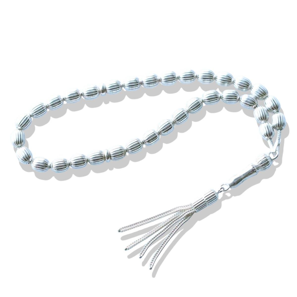 4 Püsküllü Çizgili Arpa Kesim 925 Ayar Gümüş Tesbih