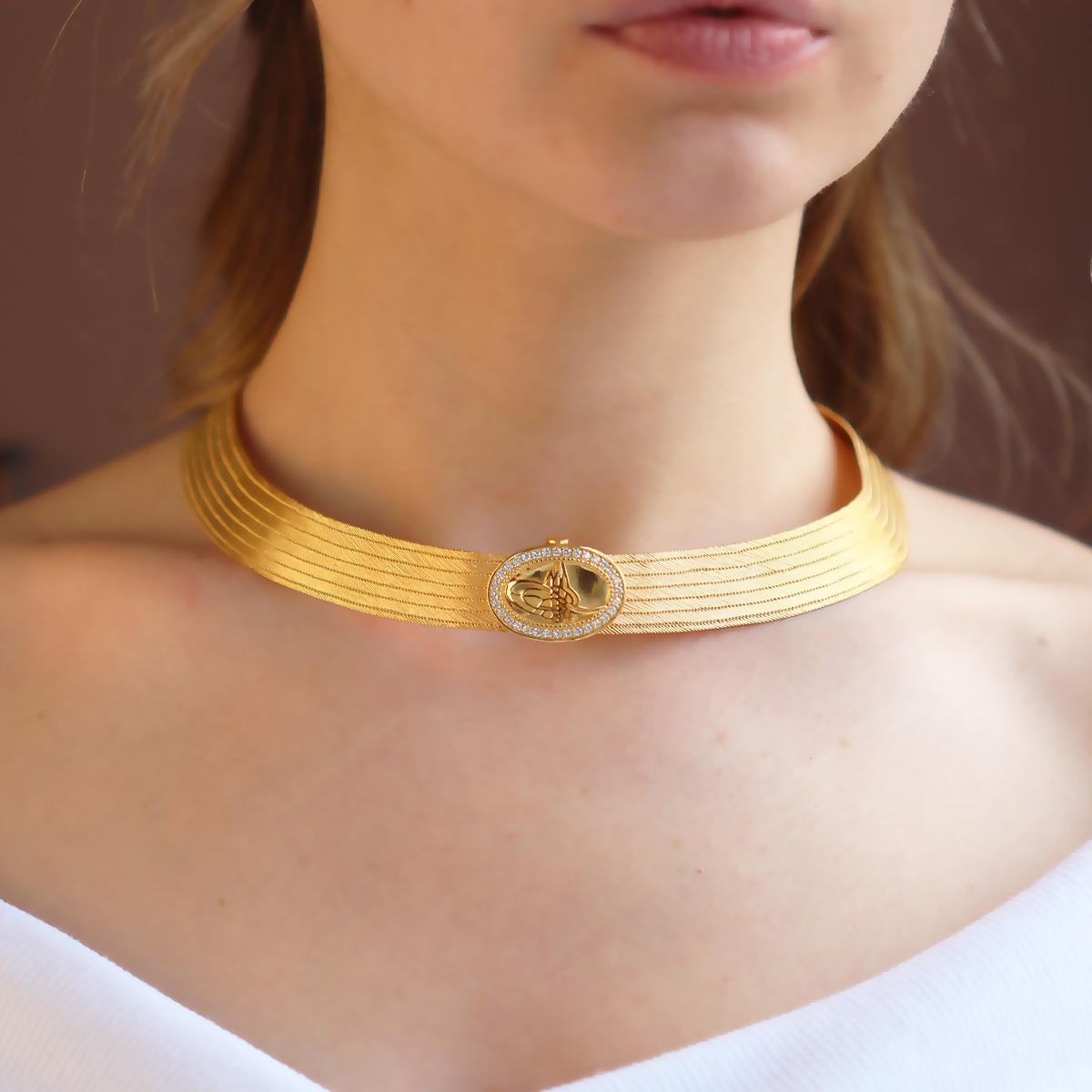 925 Ayar Gümüş Üzeri Gold Kaplama Osmanlı Tuğralı 7 Sıra Gümüş Trabzon Gerdanlık