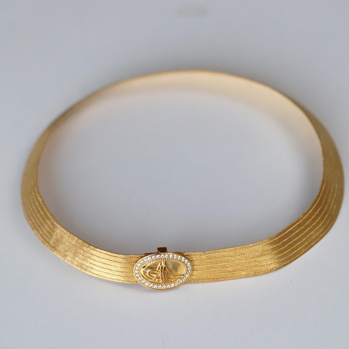 925 Ayar Gümüş Üzeri Gold Kaplama Osmanlı Tuğralı 7 Sıra Gümüş Trabzon Gerdanlık