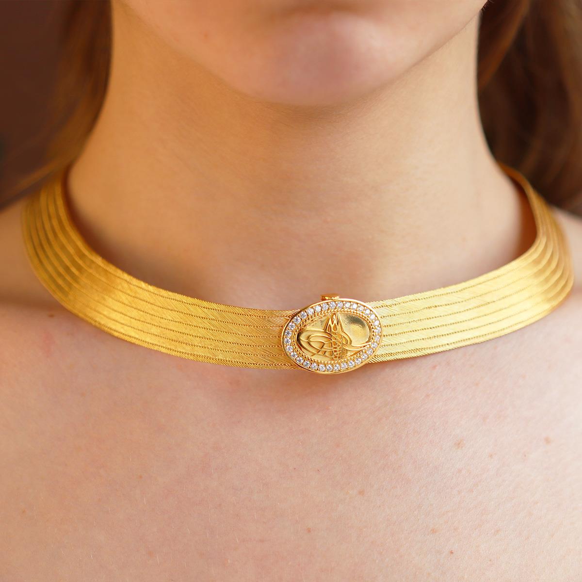 925 Ayar Gümüş Üzeri Gold Kaplama Osmanlı Tuğralı 7 Sıra Gümüş Trabzon Gerdanlık