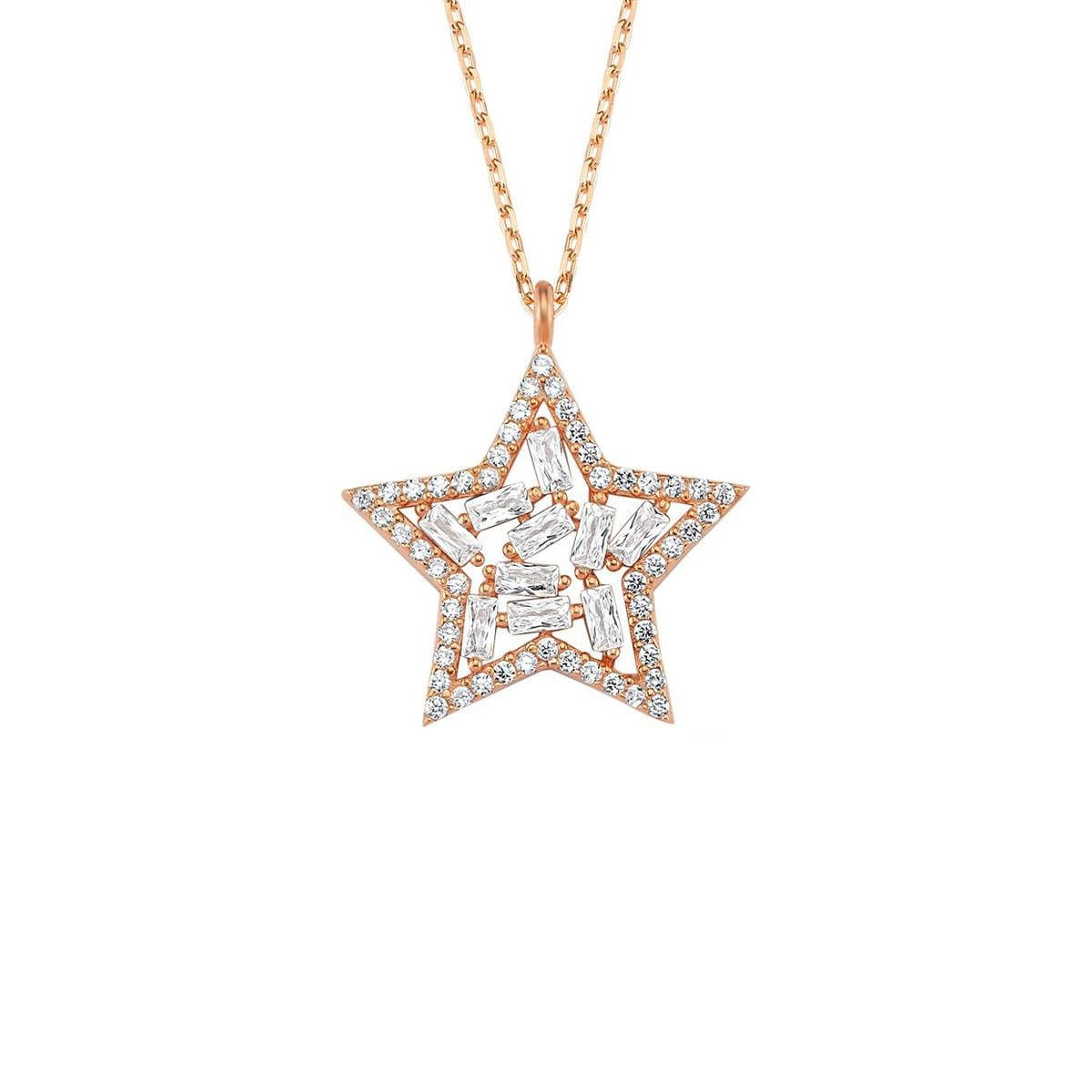 Yıldız Baget Taşlı Rose Gold 925 Ayar Gümüş Kolye
