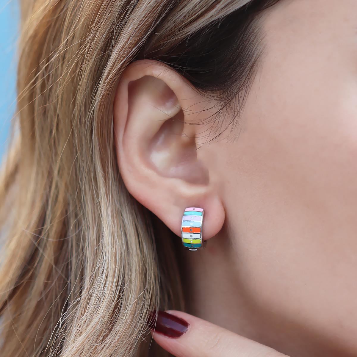 Alice Çift Taraflı Renkli Mine İşli Gümüş Halka Küpe