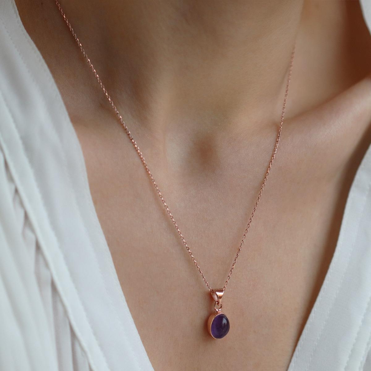 Ametist Doğal Taş Rose Gold Kaplama Gümüş Kolye