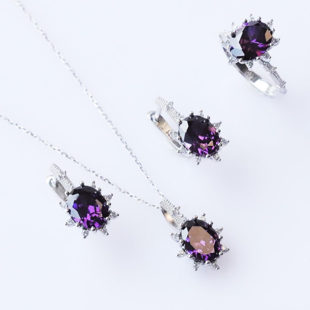 Ametist Taşlı Elips Lotus Çiçeği Gümüş Set