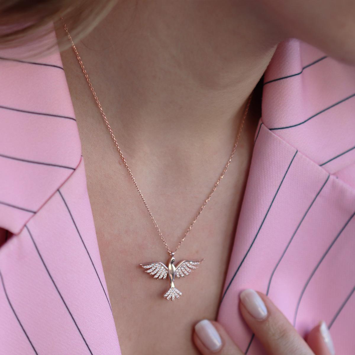 Anka Kuşu Zirkon Taşlı Rose Gold Kaplama Gümüş Kolye