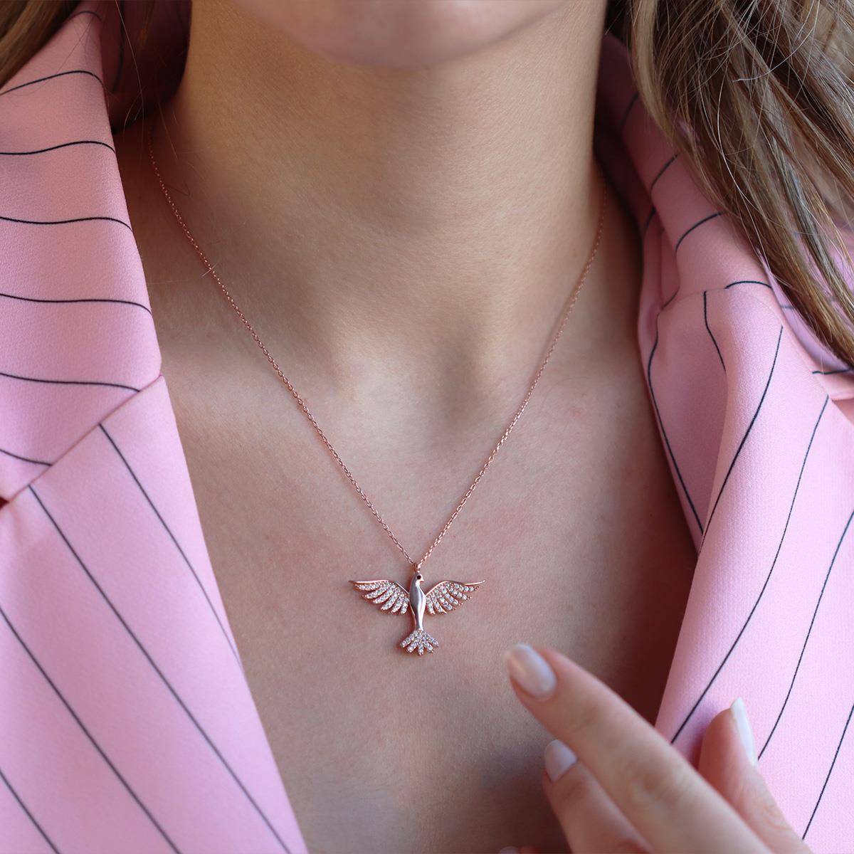 Anka Kuşu Zirkon Taşlı Rose Gold Kaplama Gümüş Kolye