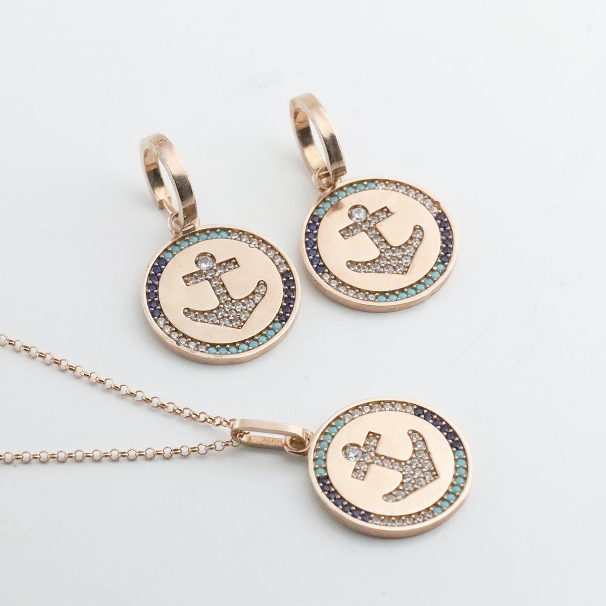 Apm Monaco Model Deniz Çapası Renkli Zirkon Taşlı Rose Gold Kaplama Gümüş Set